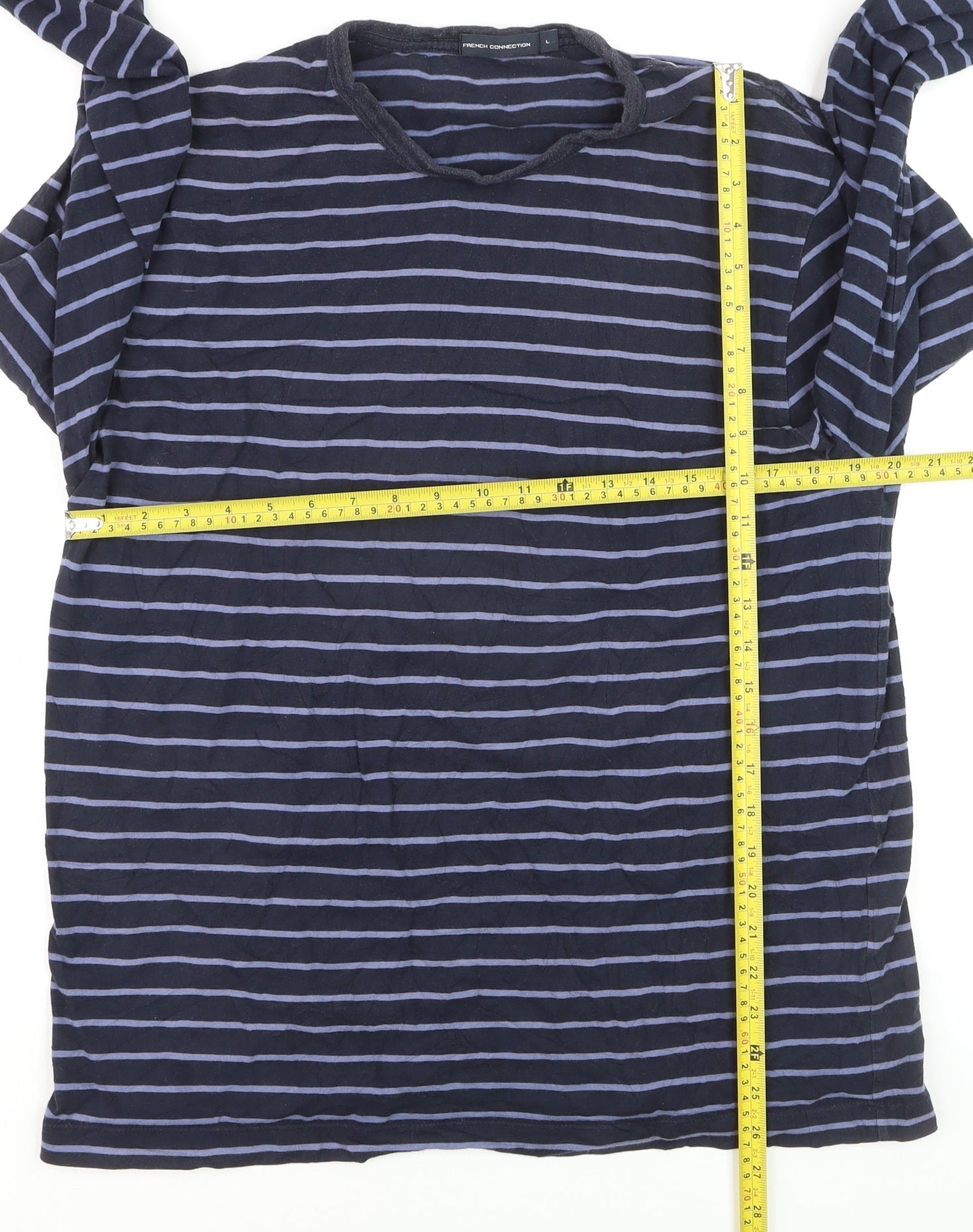 French Connection Men's Blue Striped Long Sleeve Cotton Top Size L