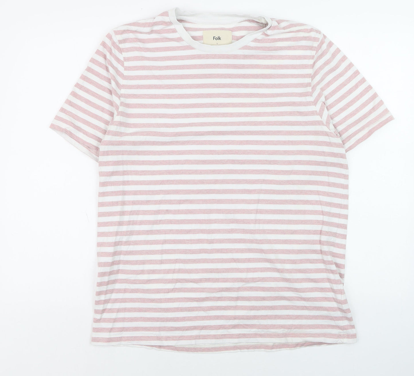 Folk Men's Pink White Striped Cotton Crew Neck T-Shirt Size L