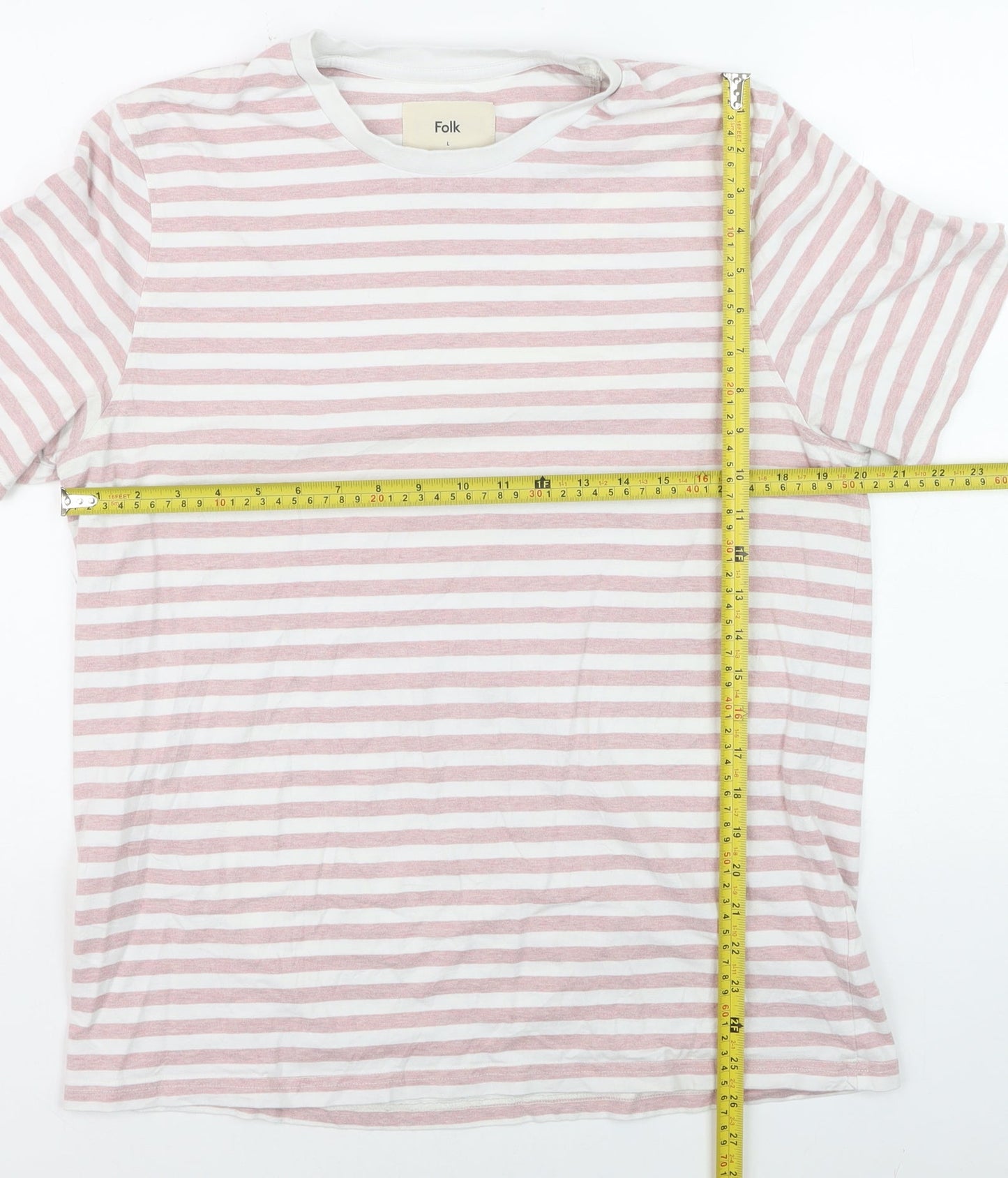 Folk Men's Pink White Striped Cotton Crew Neck T-Shirt Size L