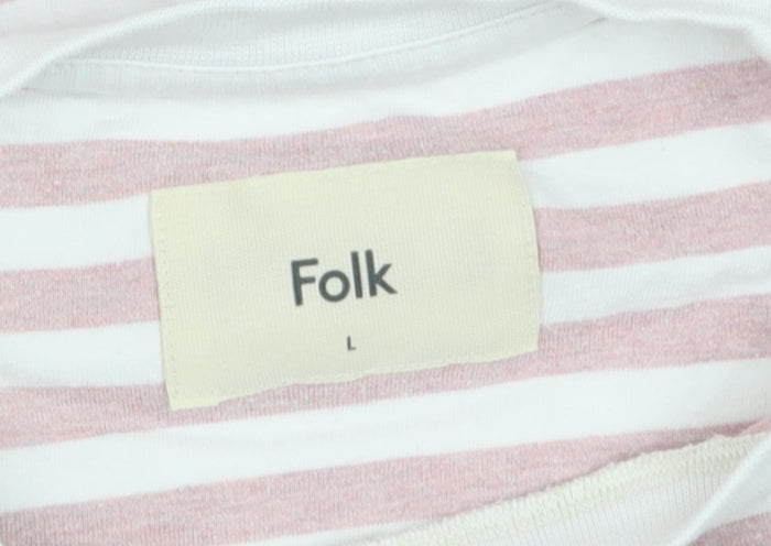 Folk Men's Pink White Striped Cotton Crew Neck T-Shirt Size L