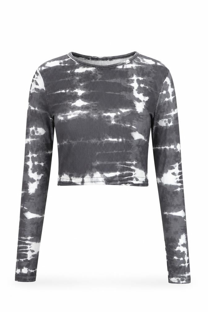 PRETTYLITTLETHING Women’s Grey Tie-Dye Cropped Long Sleeve T-Shirt UK 8