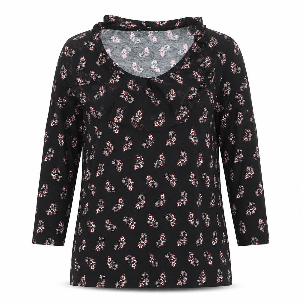 M&Co Women’s Black Paisley Jersey Top Size 12 3/4 Sleeve Scoop Neck
