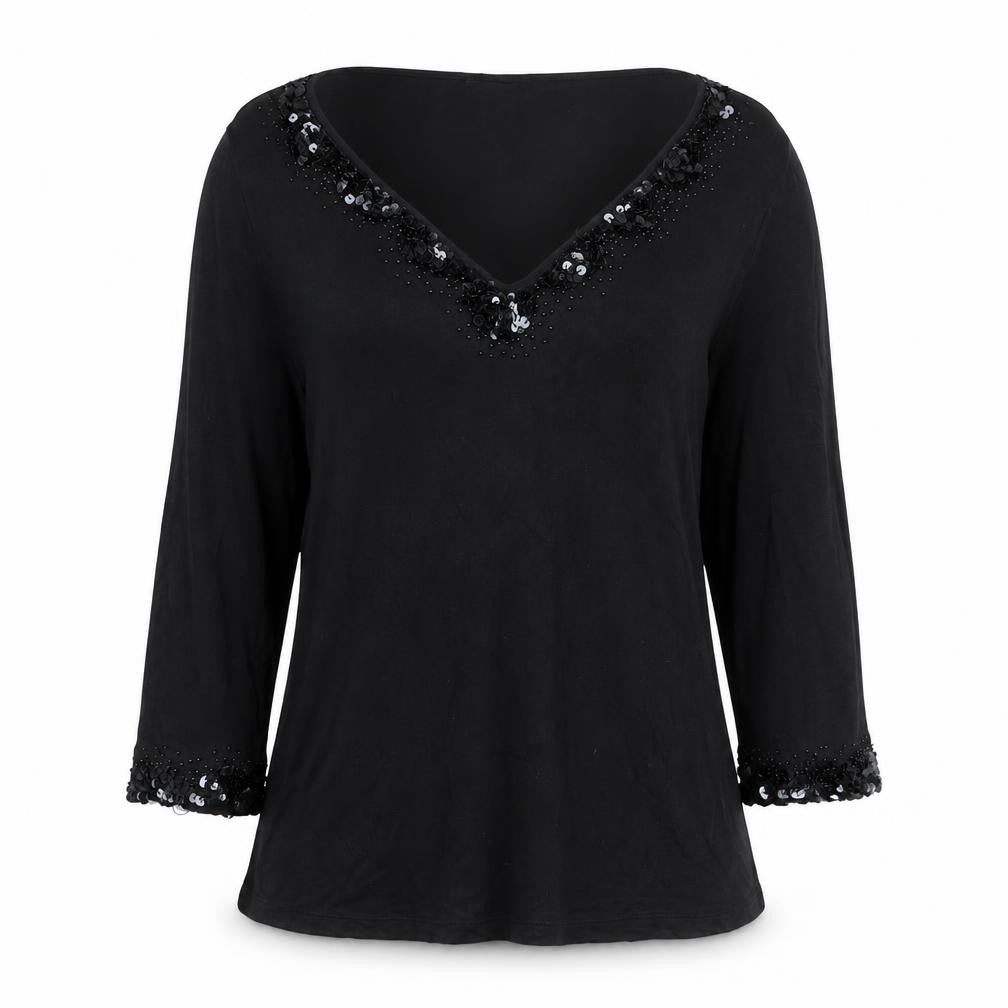 Marks & Spencer Per Una Black Beaded V-Neck Long Sleeve Tunic Blouse Size 10