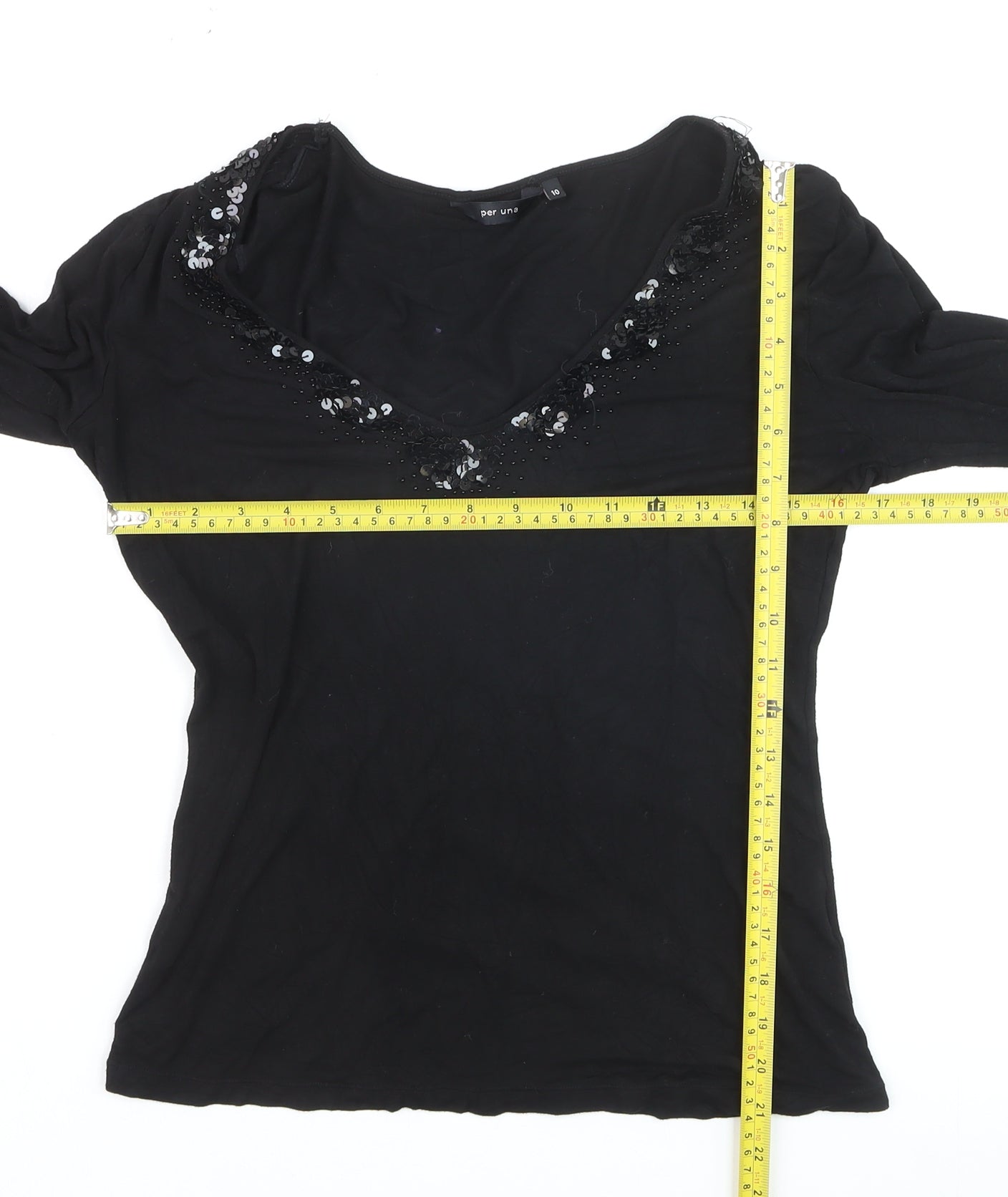 Marks and Spencer Per Una Black Beaded V-Neck Long Sleeve Tunic Blouse Size 10