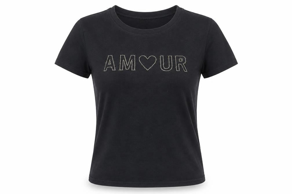QED London Womens Black Beaded AMOUR Short Sleeve Cotton T-Shirt M