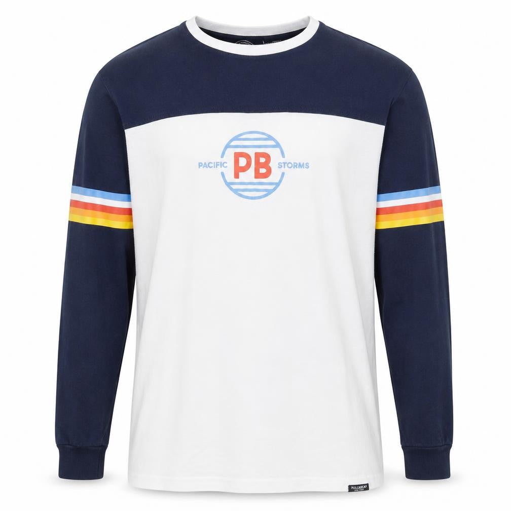 Pull&Bear Men's White Navy Retro Long Sleeve Cotton Top L
