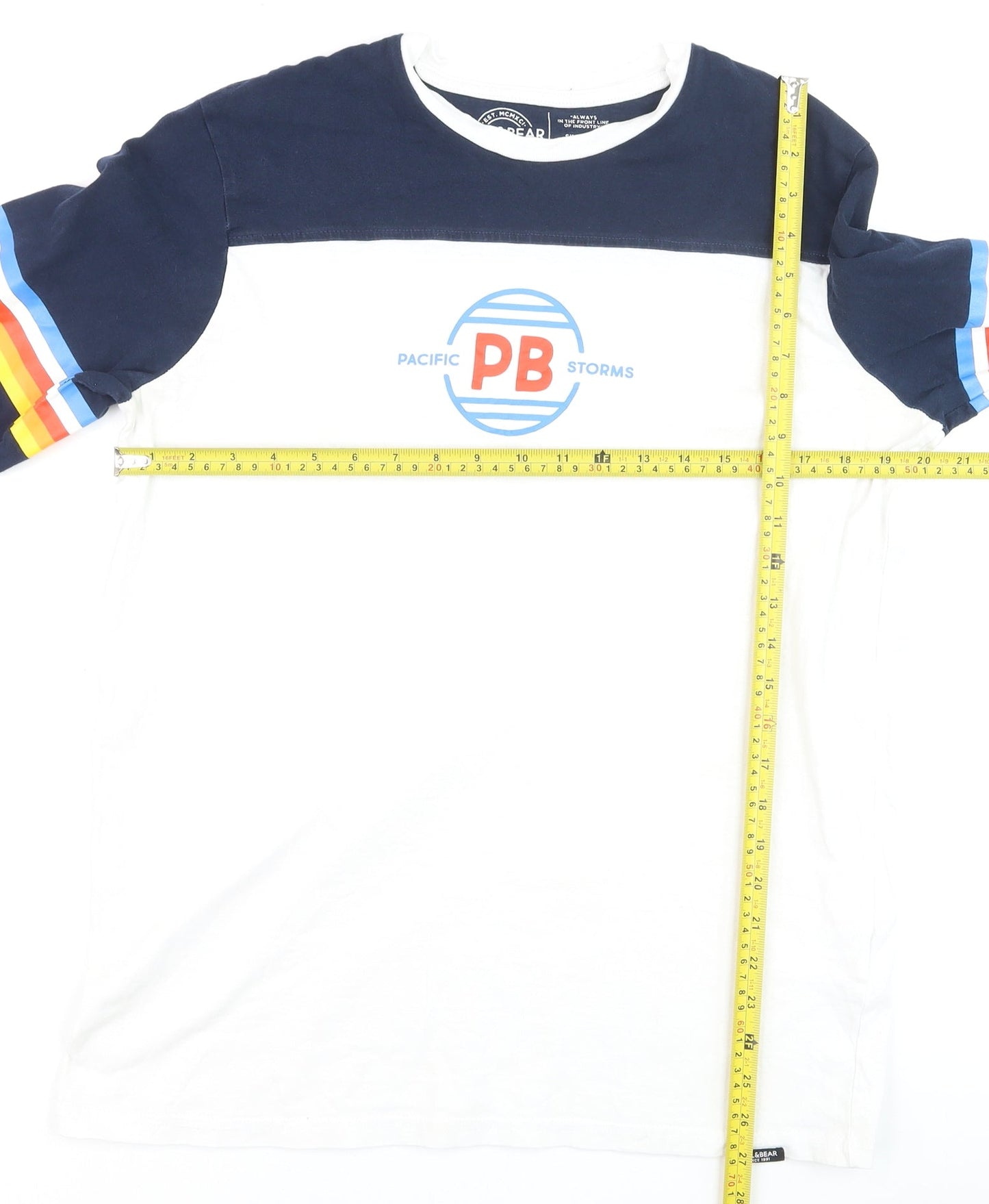 Pull & Bear Men's White Navy Retro Long Sleeve Cotton Top L