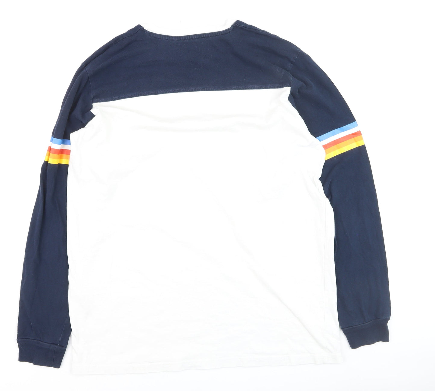Pull & Bear Men's White Navy Retro Long Sleeve Cotton Top L