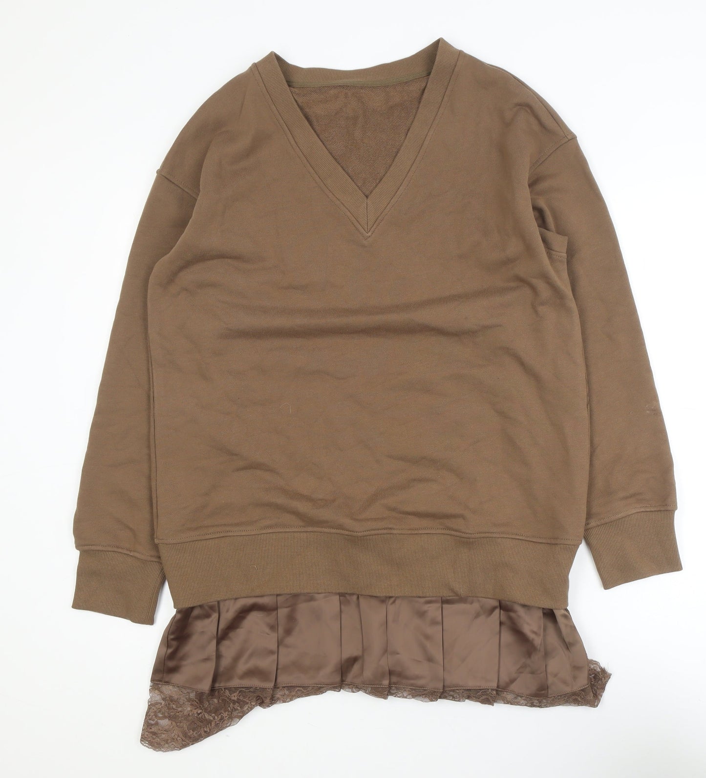 Commense Women Brown M V-Neck Long Sleeve Knit Sweater Dress