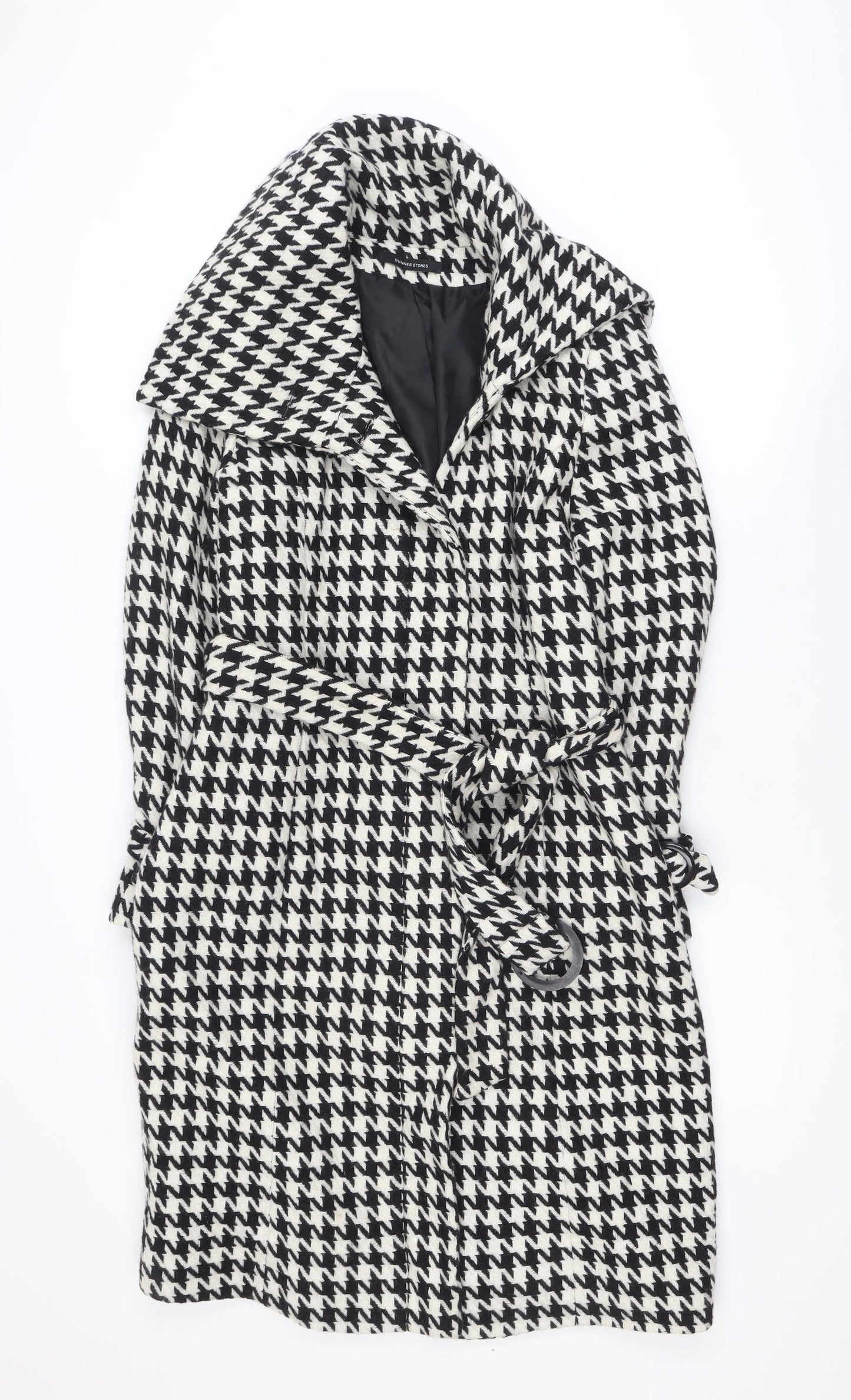 Dunnes Stores Women's Black Houndstooth Belted Wool Trench Coat Size 12