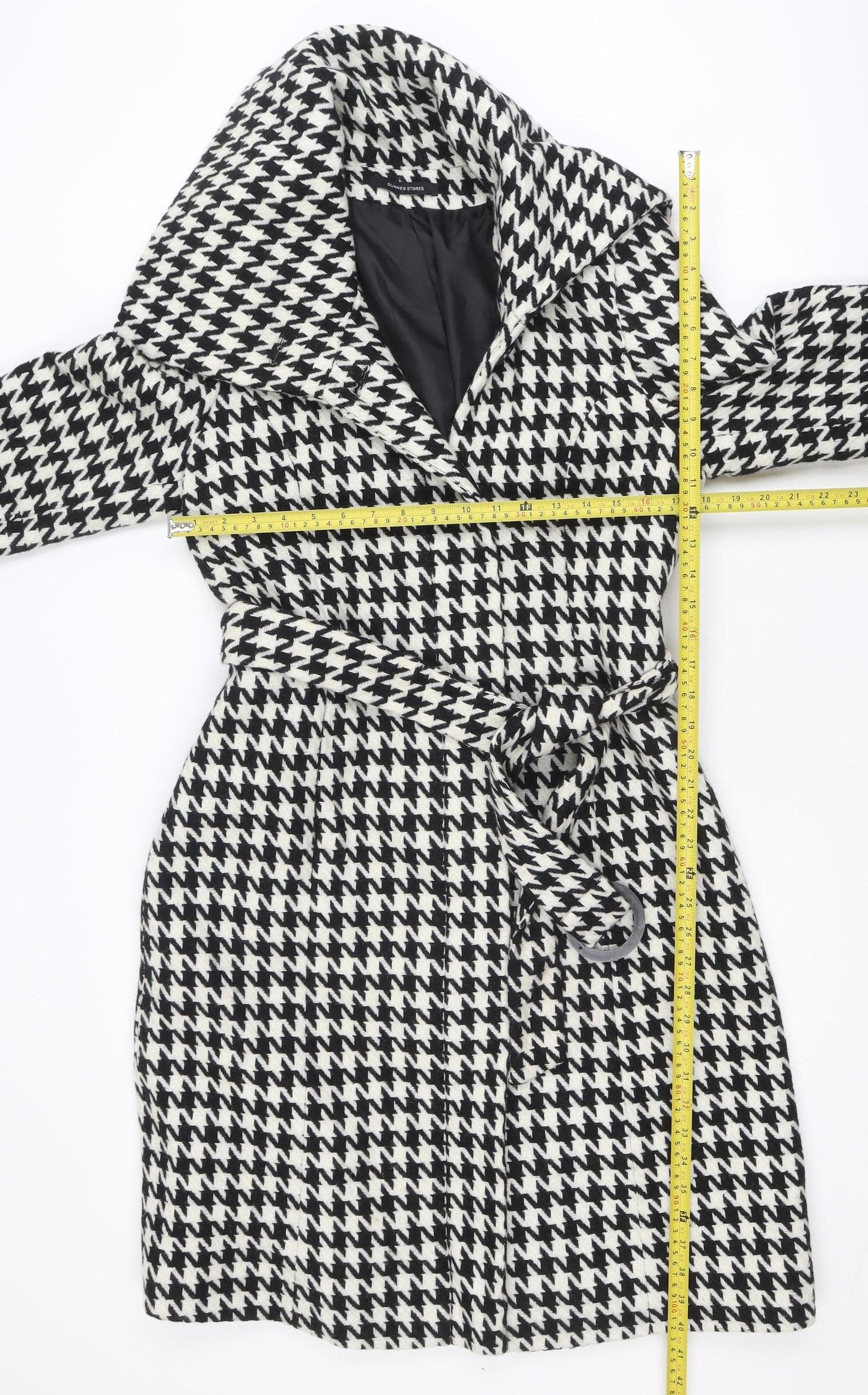 Dunnes Stores Women's Black Houndstooth Belted Wool Trench Coat Size 12