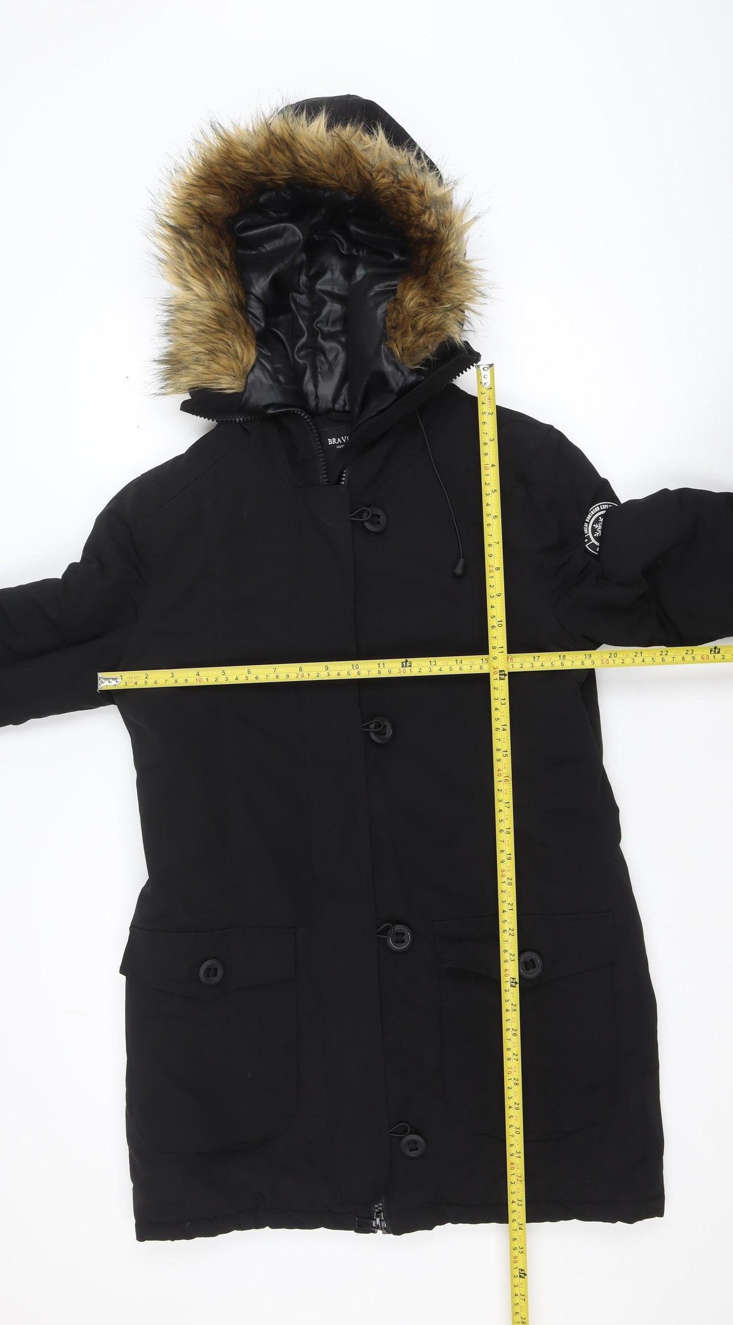 Brave Soul Men's Black Parka Coat Faux Fur Hood Size S