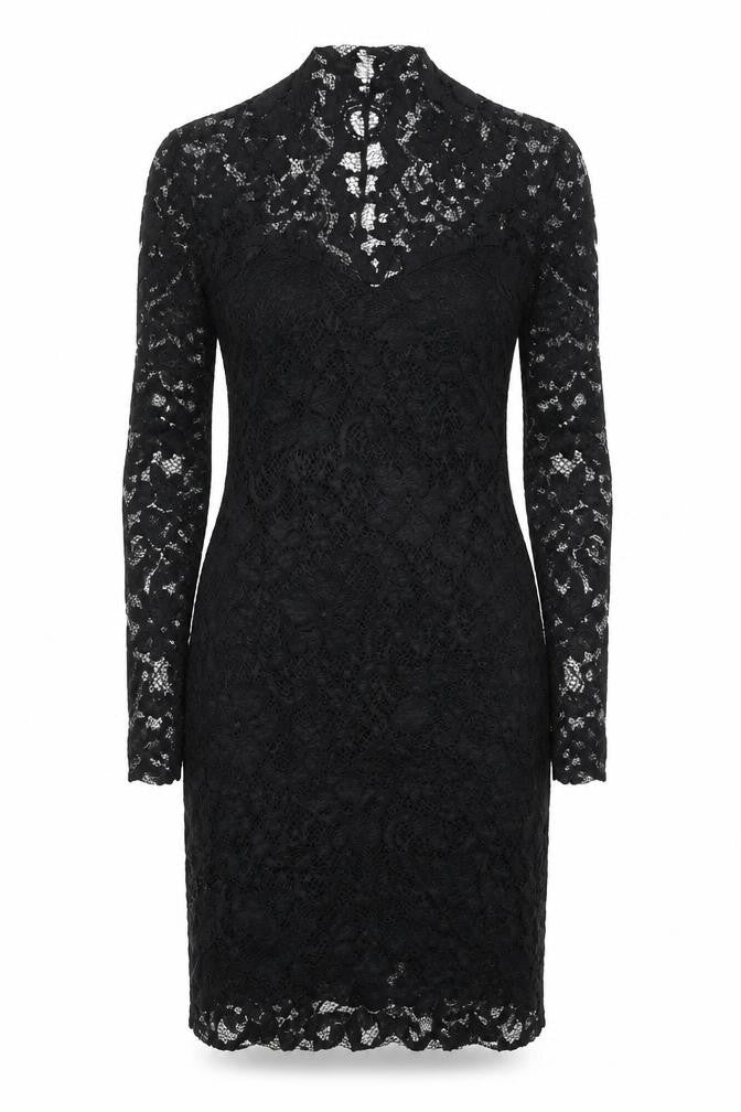 Front view of ASOS Women’s Black Lace Bodycon Knee Length Dress, size UK 6