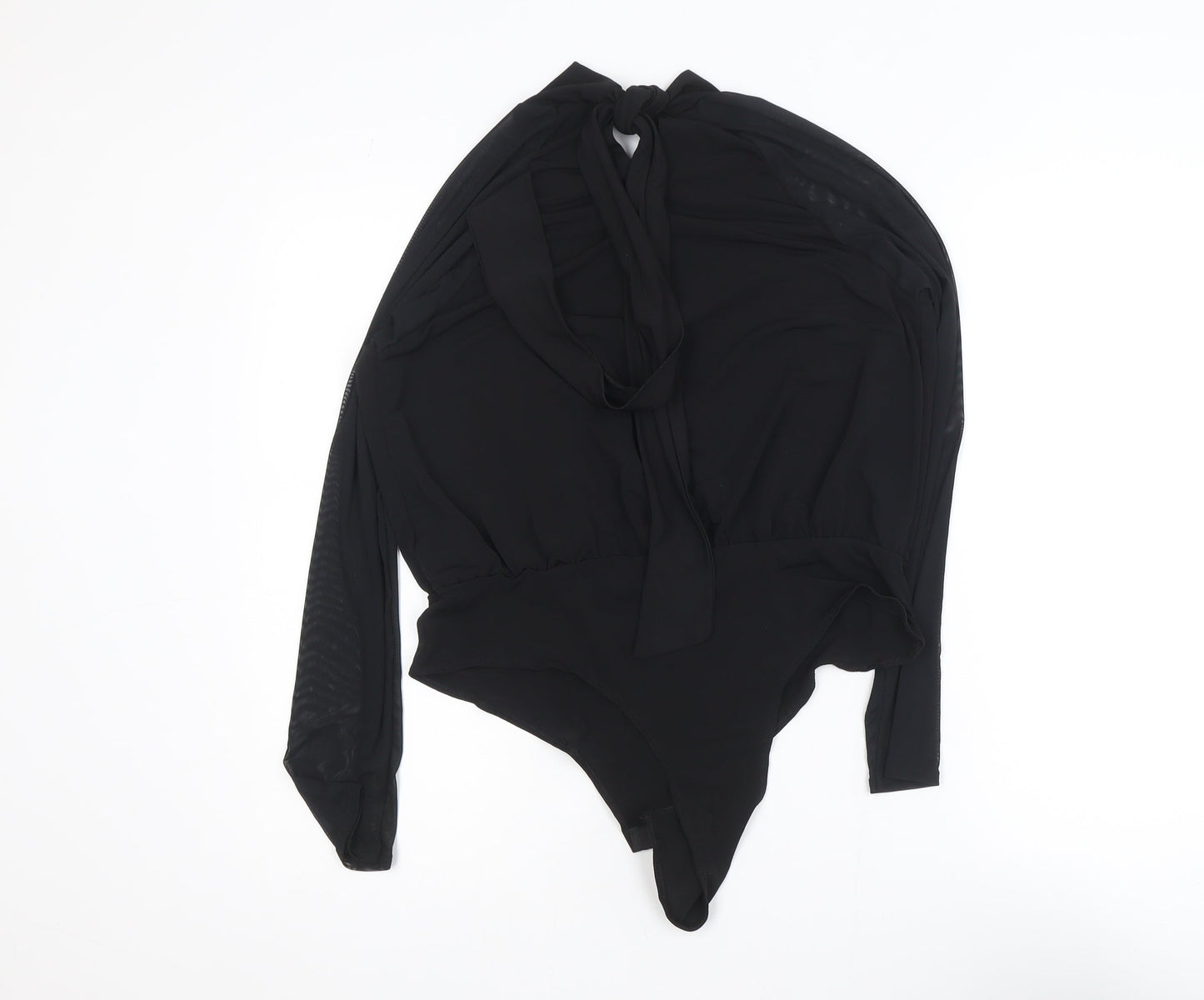 Boohoo Women’s Black High Neck Tie Wrap Bodysuit Blouse Size 14