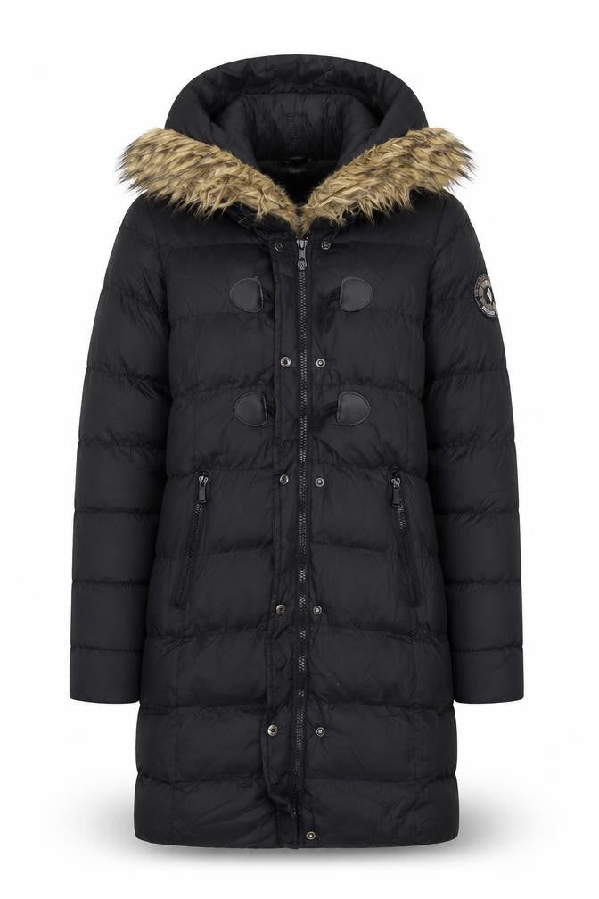 Boohoo Women's Black Long Hooded Puffer Coat Size 10 Fur Trim Winter