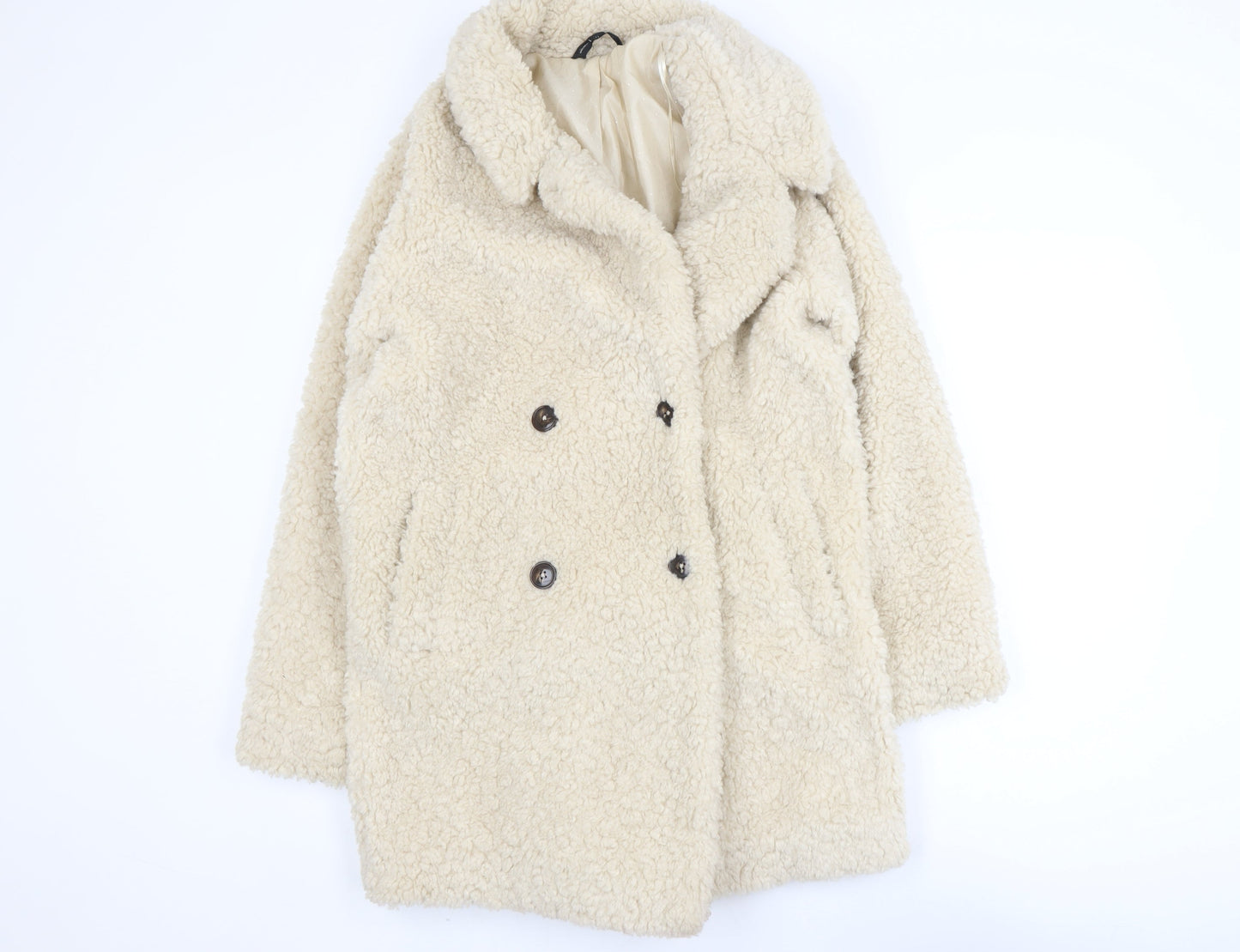 F&F Women’s Beige Faux Shearling Teddy Coat XS Double Breasted Winter Jacket