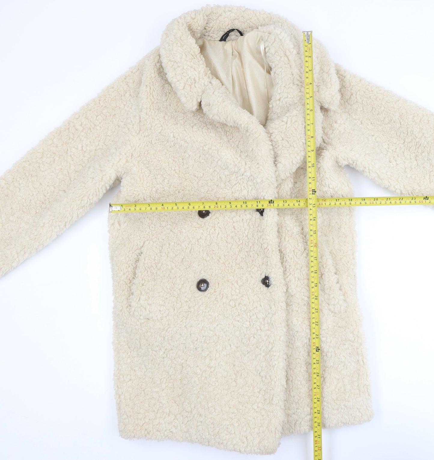F&F Women’s Beige Faux Shearling Teddy Coat XS Double Breasted Winter Jacket