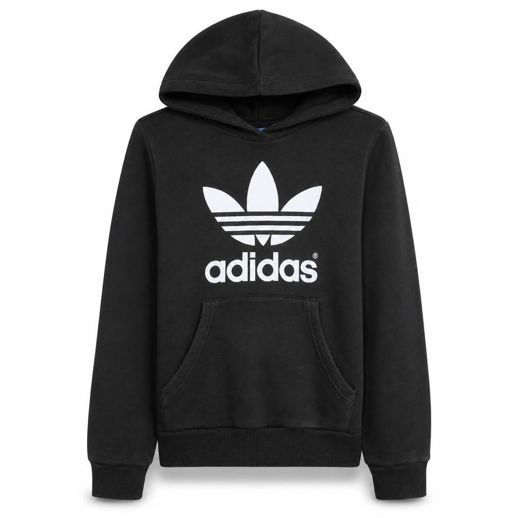 Adidas Womens Black Hooded Pullover Hoodie Size 12 Classic Logo Sweatshirt
