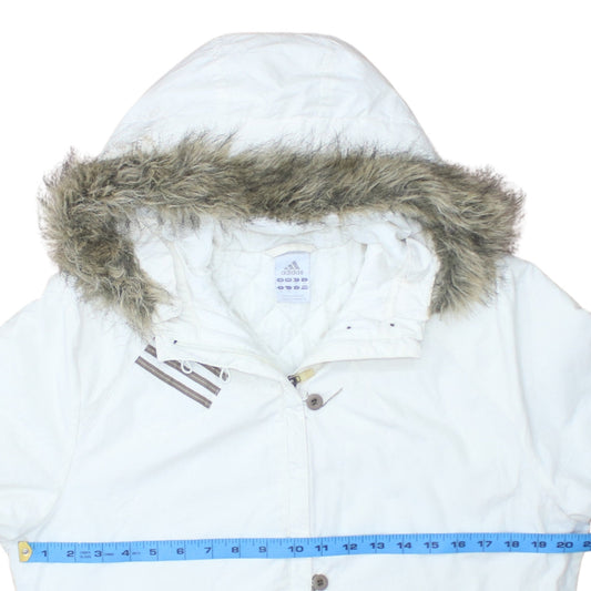 Adidas Womens White Parka Coat Size 12 Hooded Faux Fur Trim Long Winter Jacket