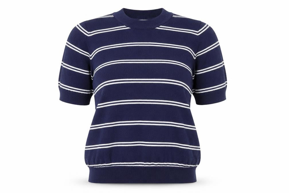 Savida Women Blue Striped Knit Short Sleeve Crew Neck Top Size 16