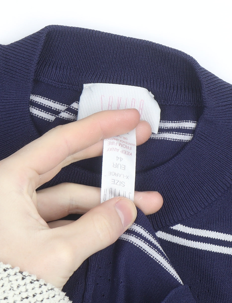 Savida Women Blue Striped Knit Short Sleeve Crew Neck Top Size 16