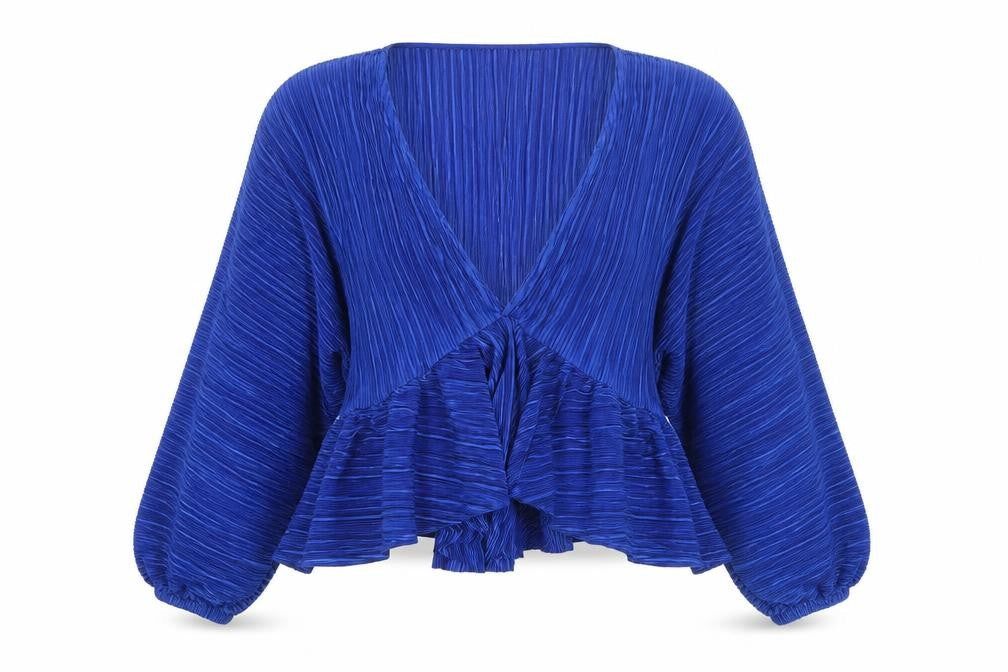 Boohoo Womens Blue Pleated Wrap Blouse Size 12 Long Sleeve