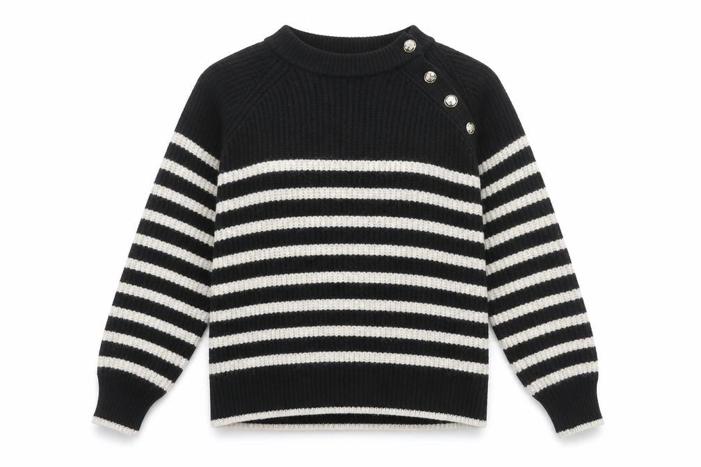 Dunnes Women Black Striped Button Shoulder Chunky Knit Jumper Size L