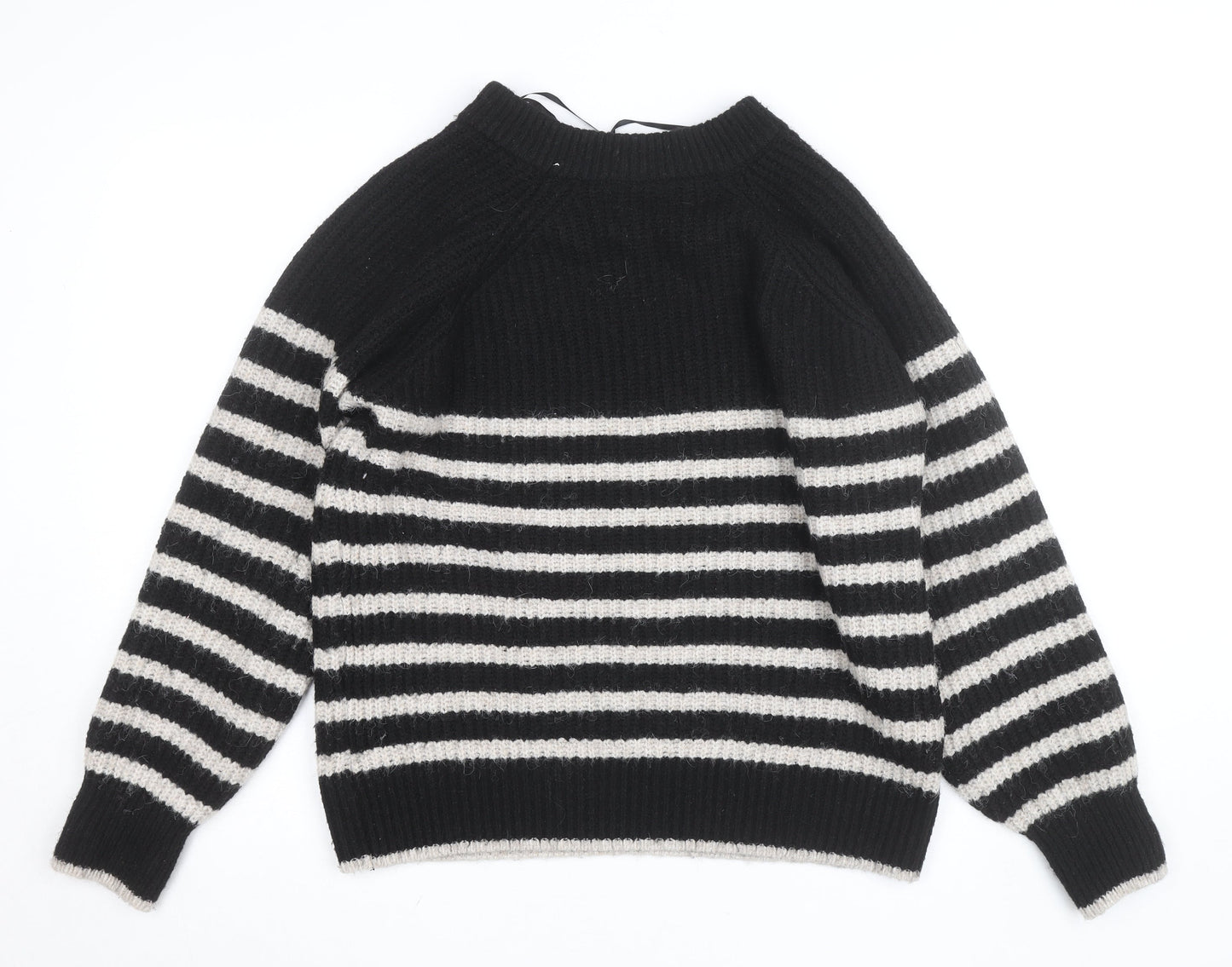Dunnes Women Black Striped Button Shoulder Chunky Knit Jumper Size L