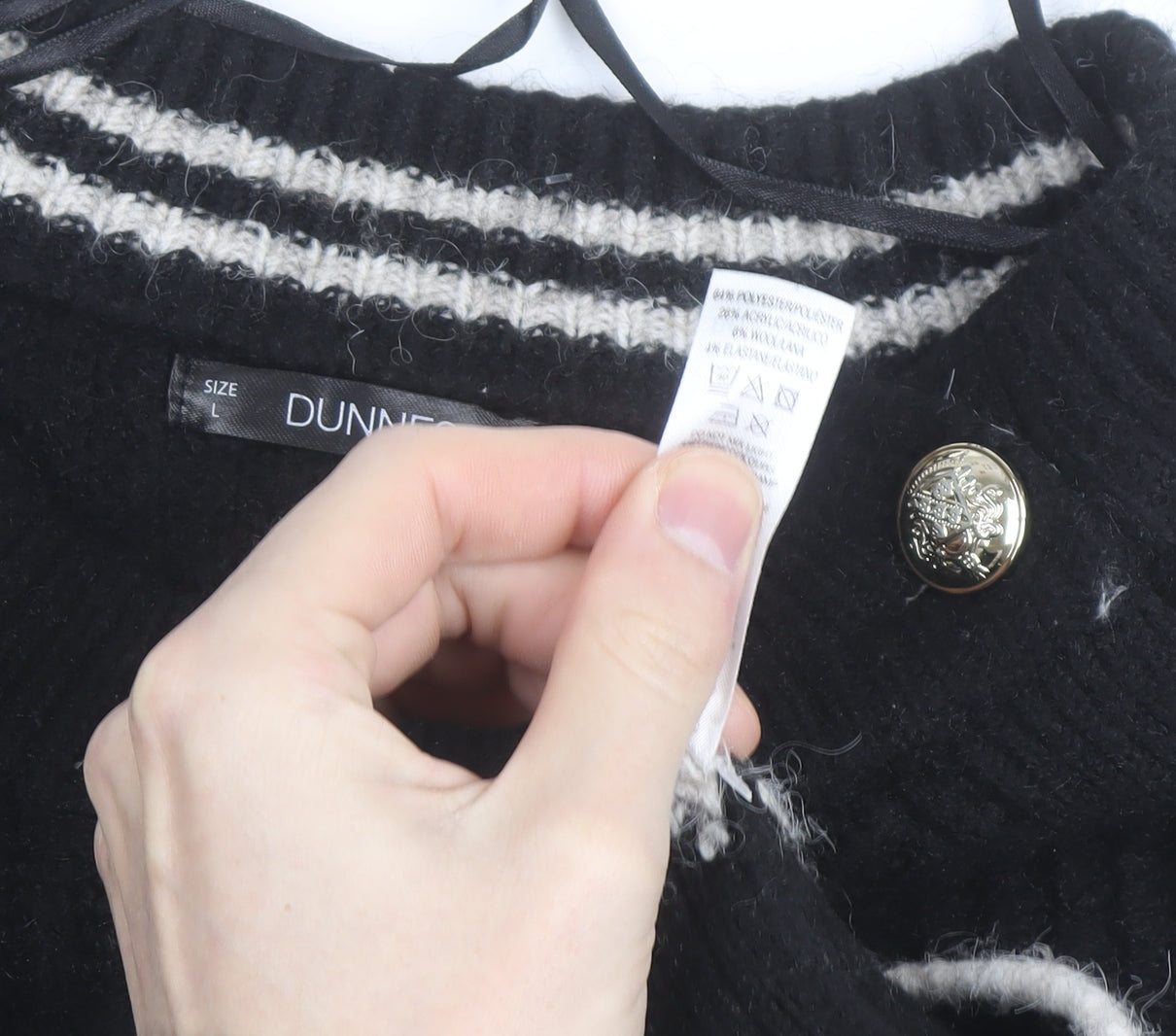 Dunnes Women Black Striped Button Shoulder Chunky Knit Jumper Size L