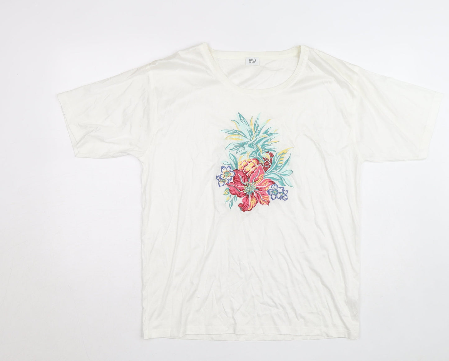 Lucia Women's White Floral Embroidered Cotton T-Shirt Size M