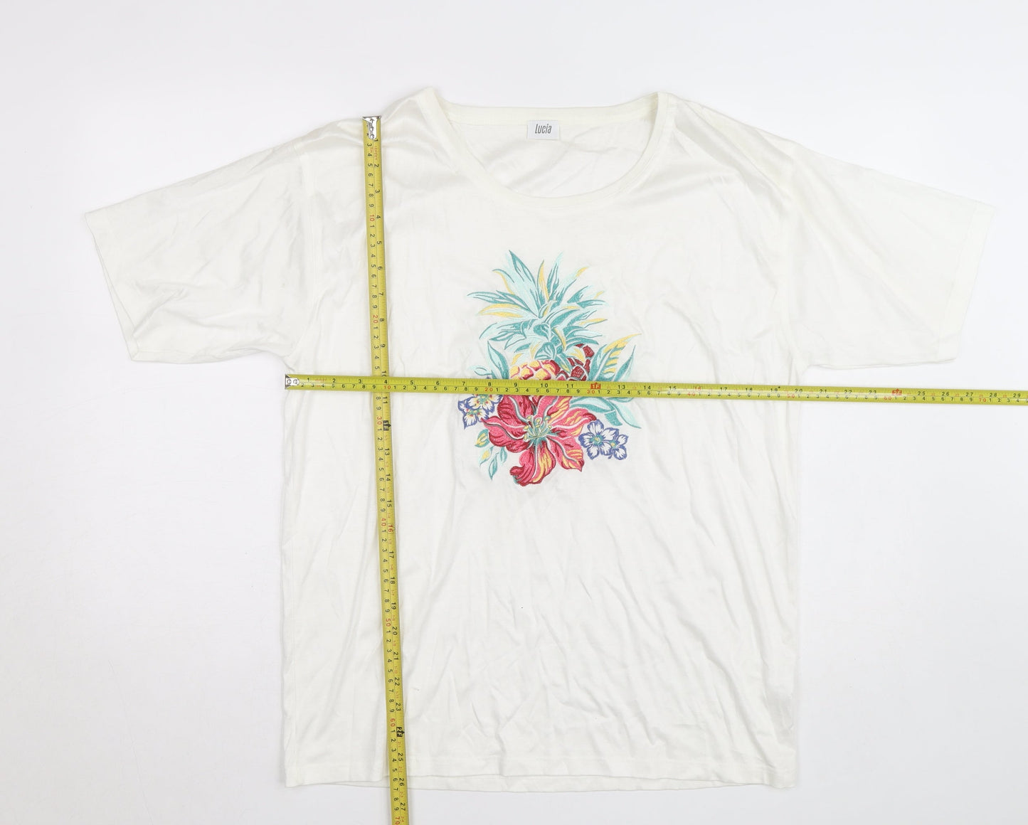 Lucia Women's White Floral Embroidered Cotton T-Shirt Size M
