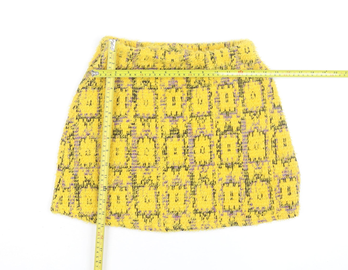 Zara Women Yellow Tweed Check Short Skirt Size S