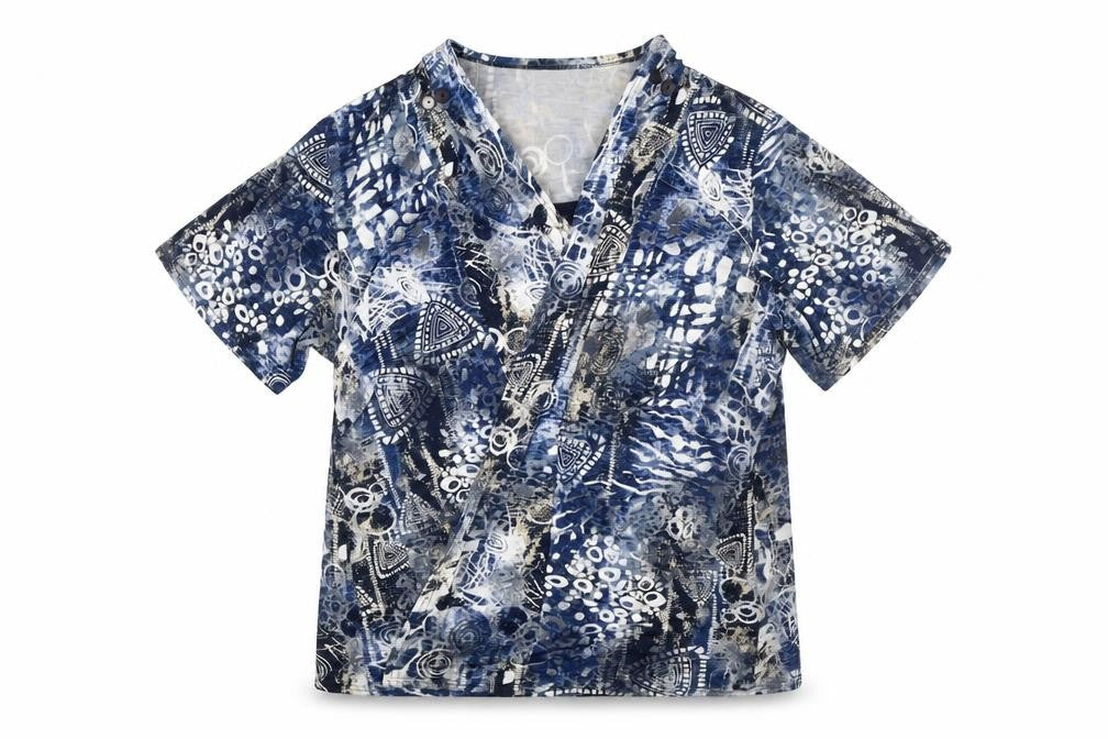 Bassini Women's Blue Geometric Wrap Blouse L Short Sleeve