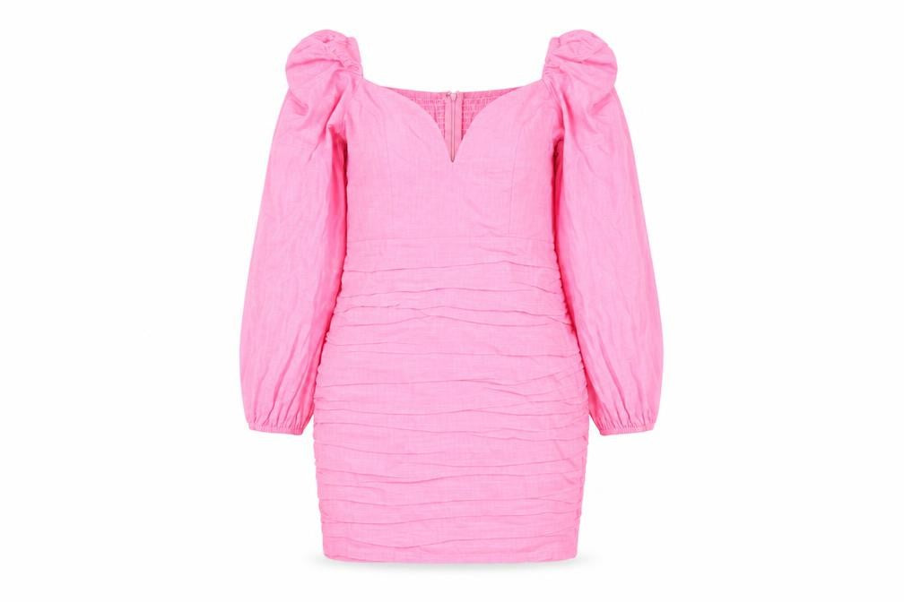 Front view of In The Style Women’s Pink Bodycon Puff Sleeve Sweetheart Dress, size UK 8