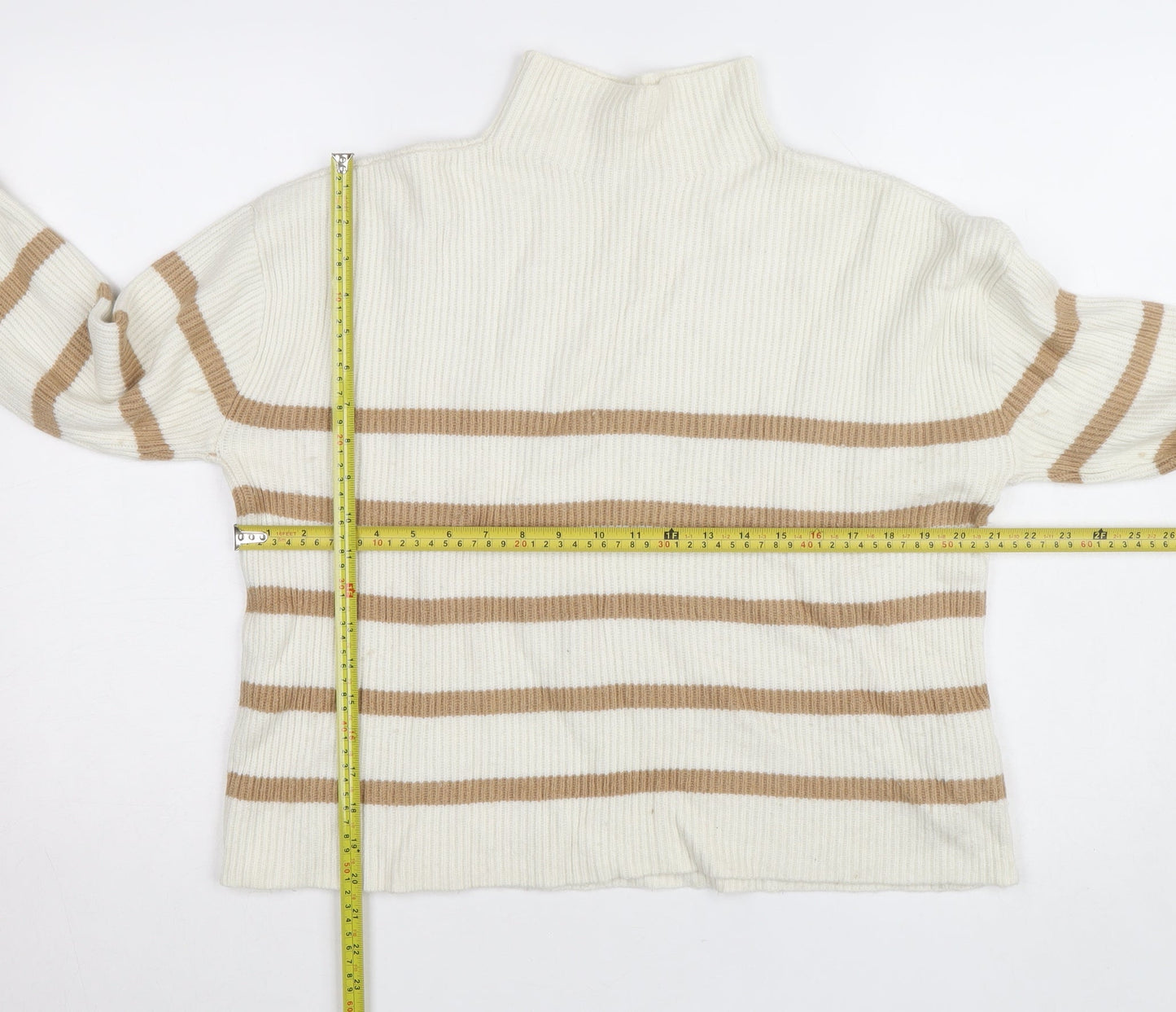 Hobbs Women’s Beige Striped Roll Neck Wool Blend Jumper Size M