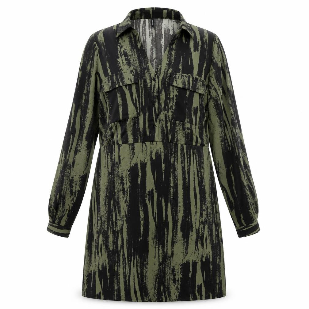 Only Women's Green Camouflage Long Sleeve Collared Shirt Dress L