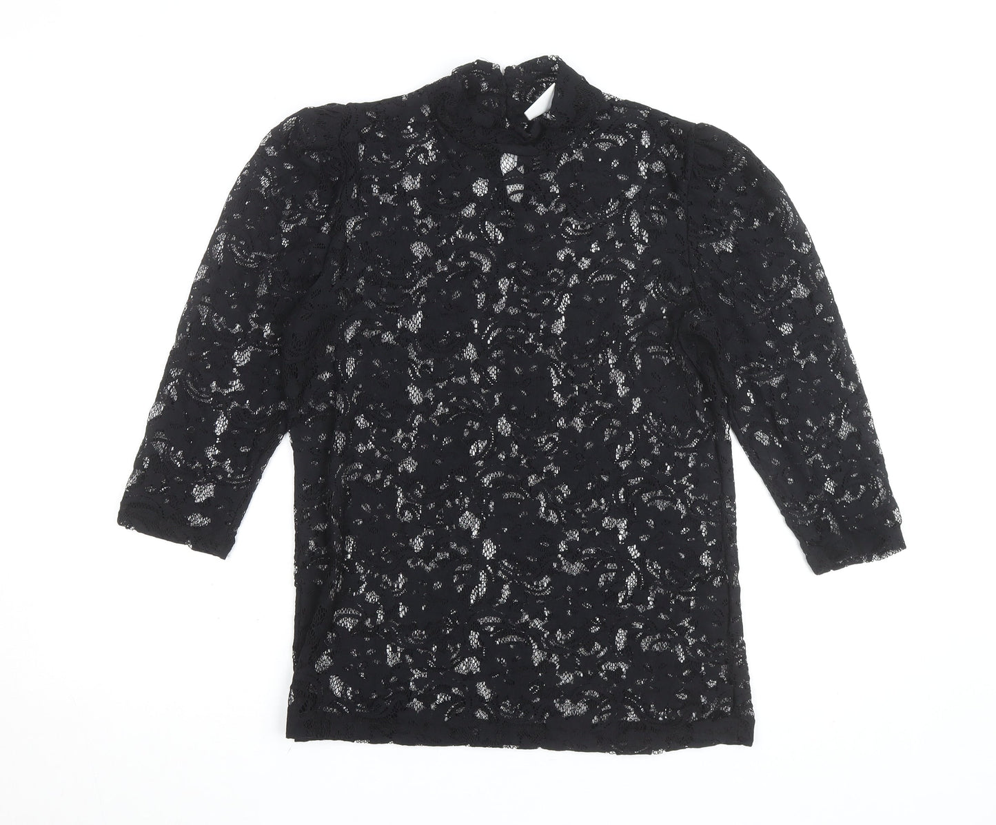 Vila Clothes Women's Black Lace High Neck 3/4 Sleeve Blouse Size 10