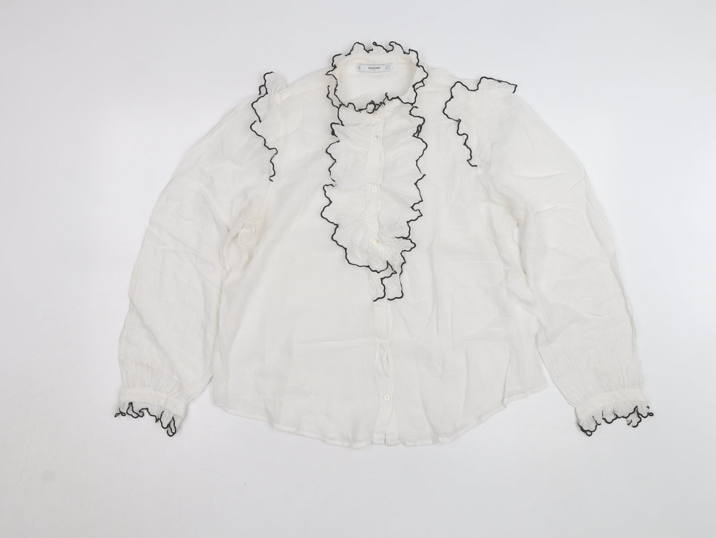 Mango Women's White Ruffle Long Sleeve Blouse Size 12