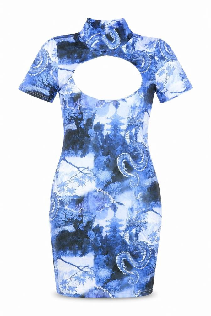 PRETTYLITTLETHING Women's Blue Dragon Print Bodycon Dress Size 8
