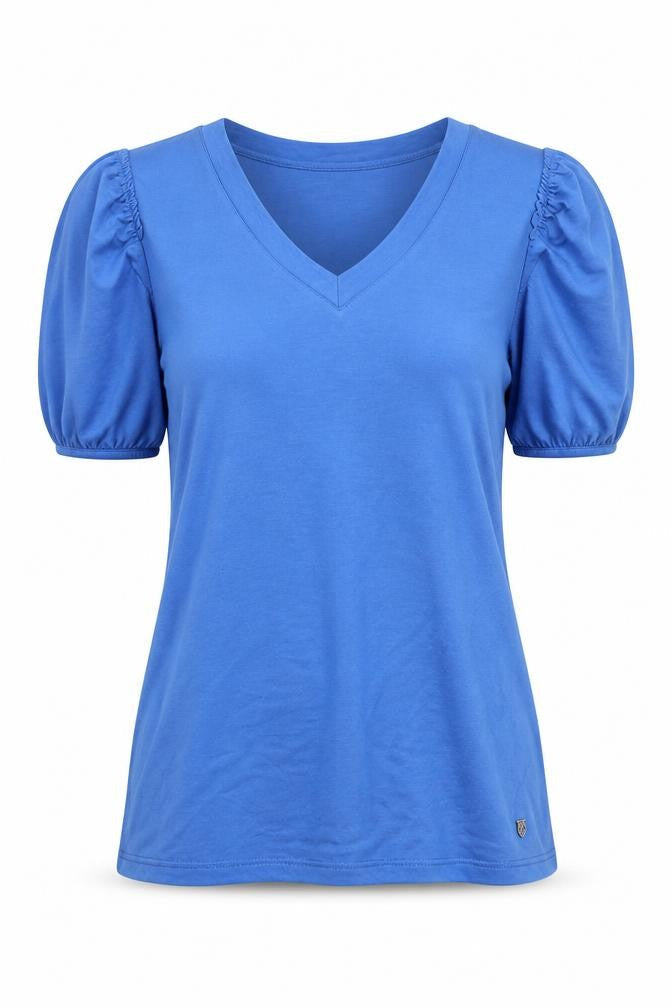 Marble Womens Blue V-Neck Puff Sleeve Jersey T-Shirt XS