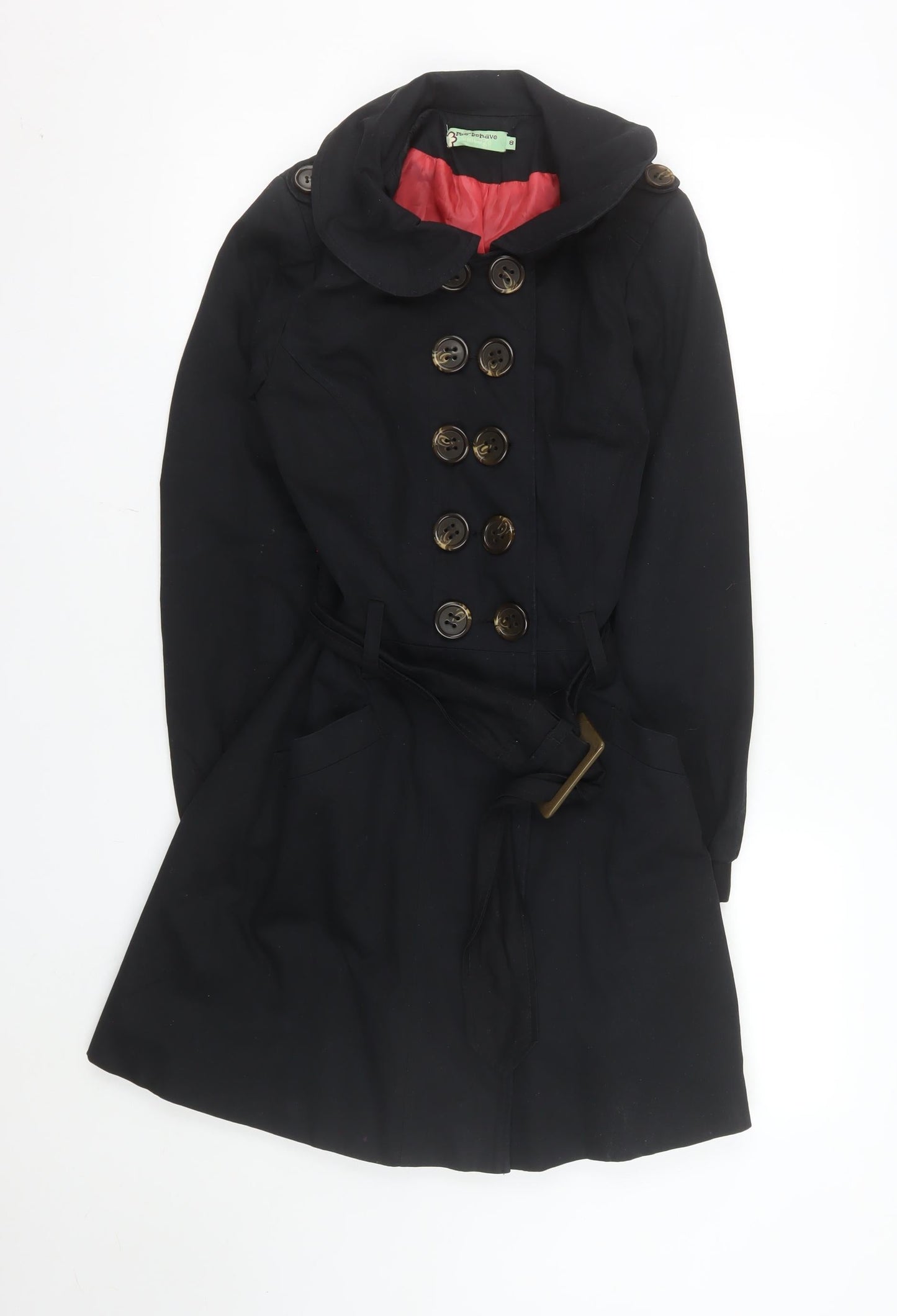 Mis-behave Women’s Black Trench Coat Size 8 Cotton Belted Mid-Length