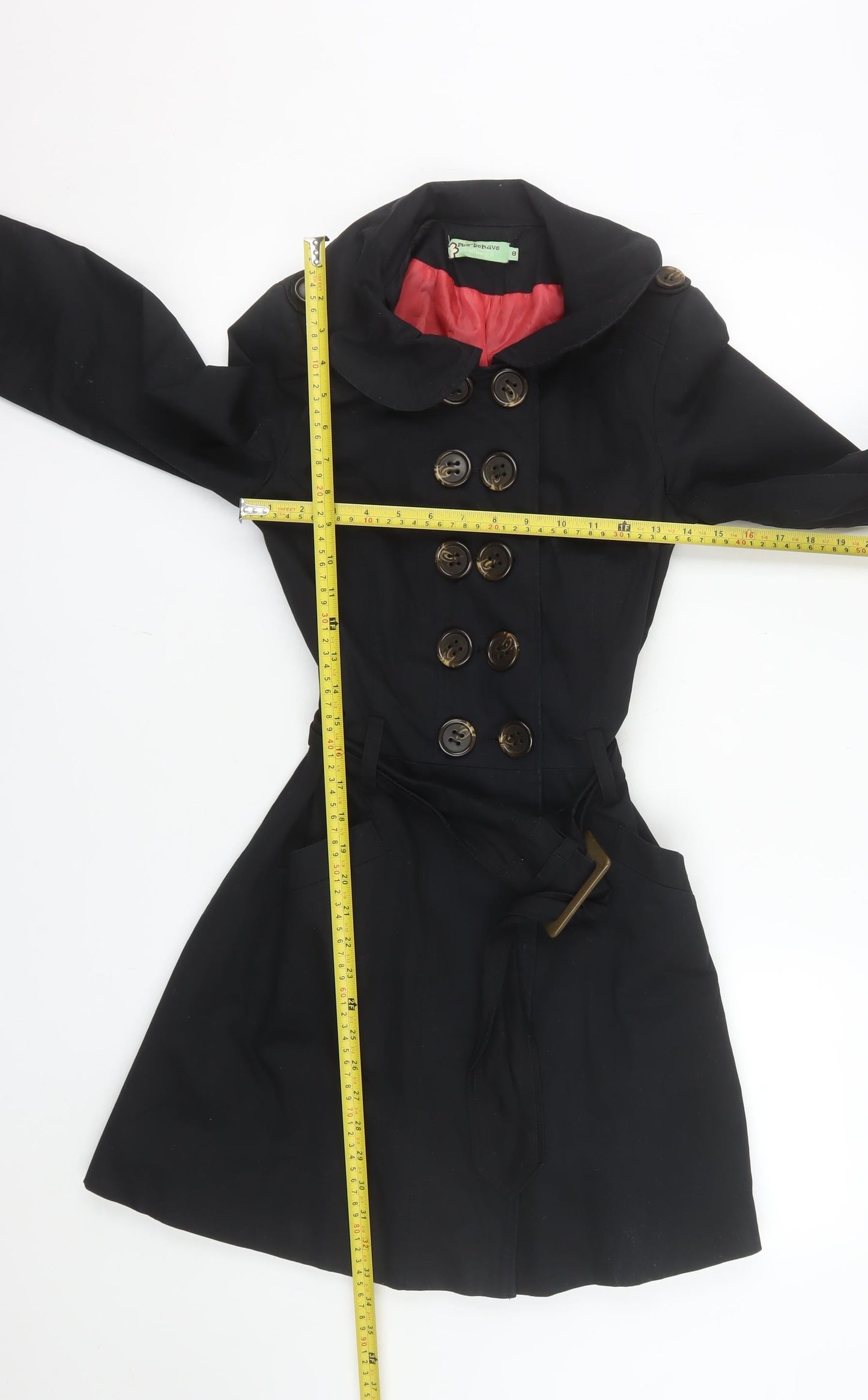 Mis-behave Women’s Black Trench Coat Size 8 Cotton Belted Mid-Length