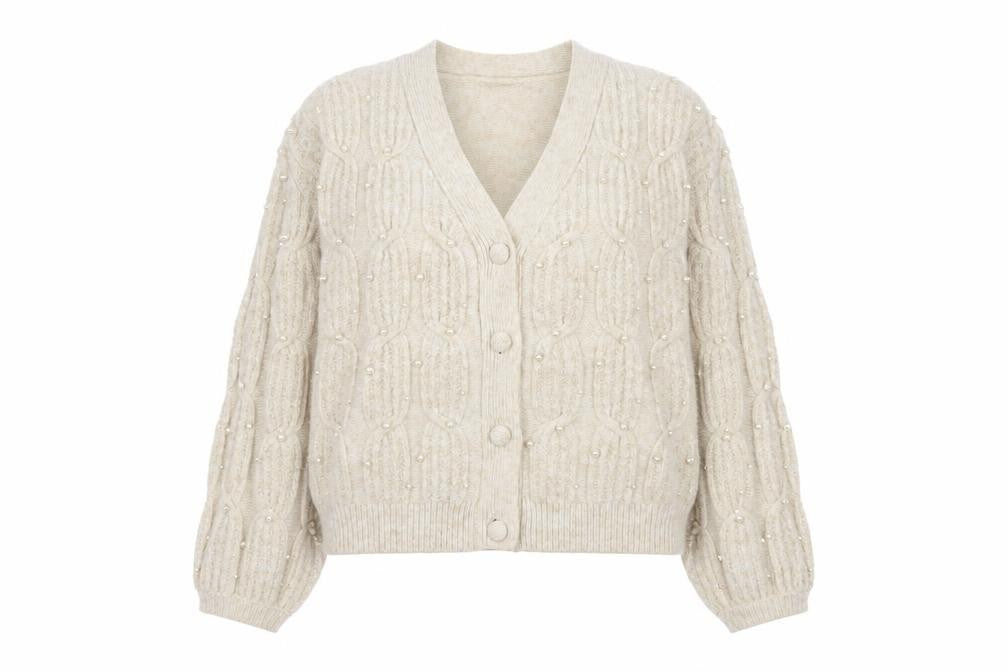 Gallery Women Beige Knit Cable Beaded Cardigan Small V-Neck
