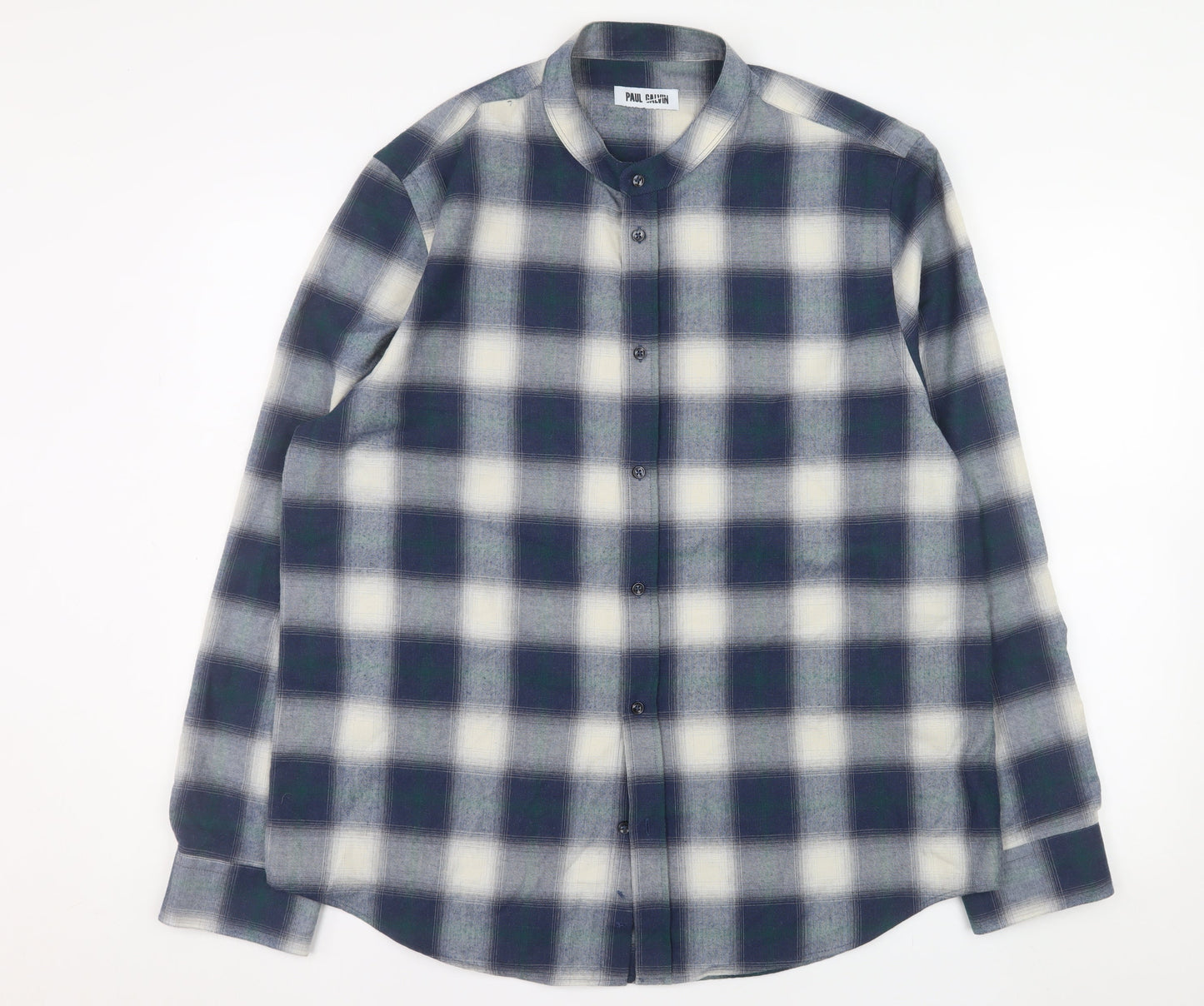 Paul Galvin Men's Blue Check Band Collar Button-Up Shirt XL