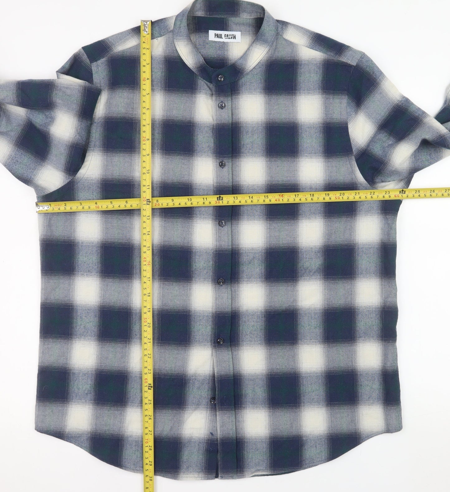 Paul Galvin Men's Blue Check Band Collar Button-Up Shirt XL
