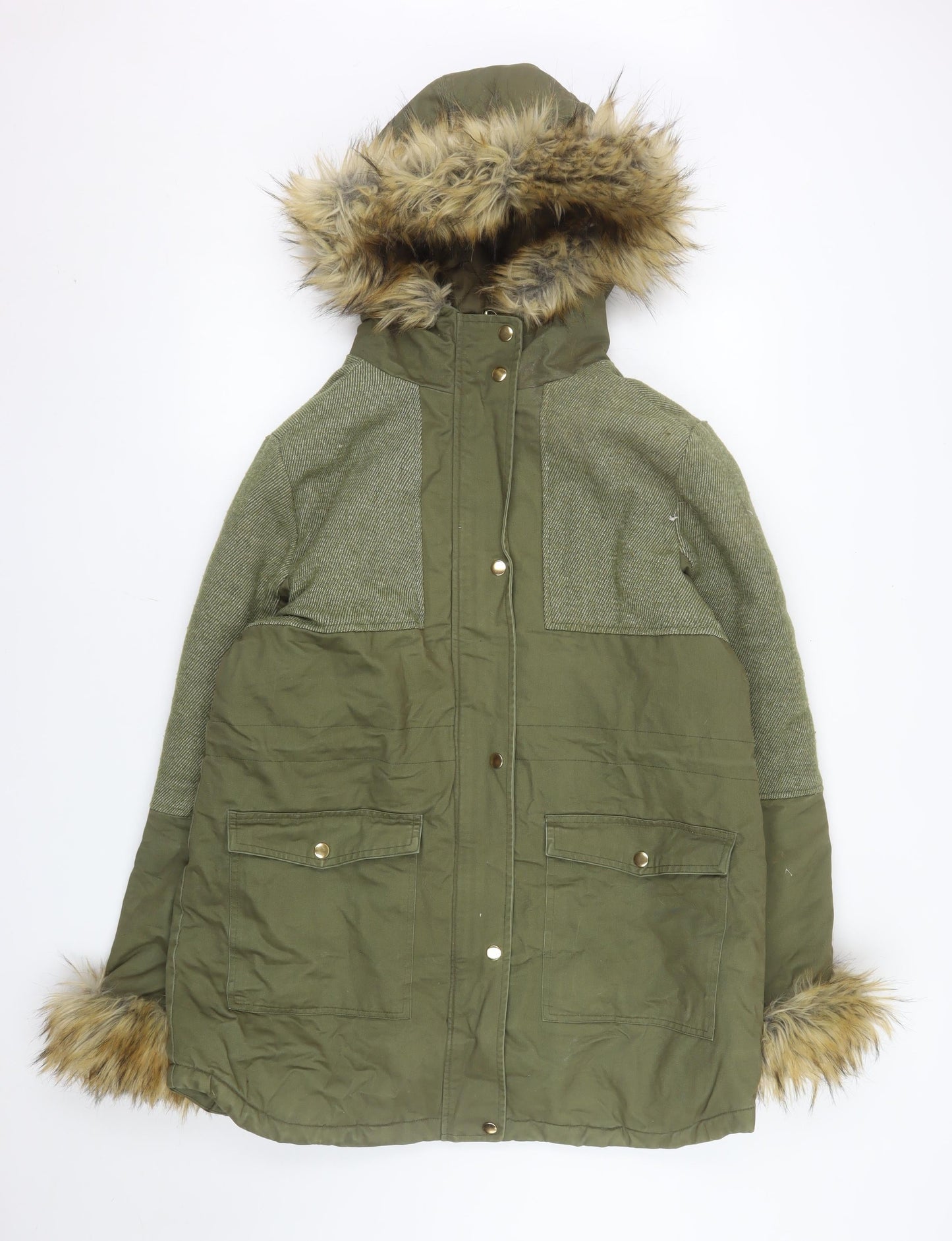 Influence Womens Green Faux Fur Hooded Parka Coat Size 14
