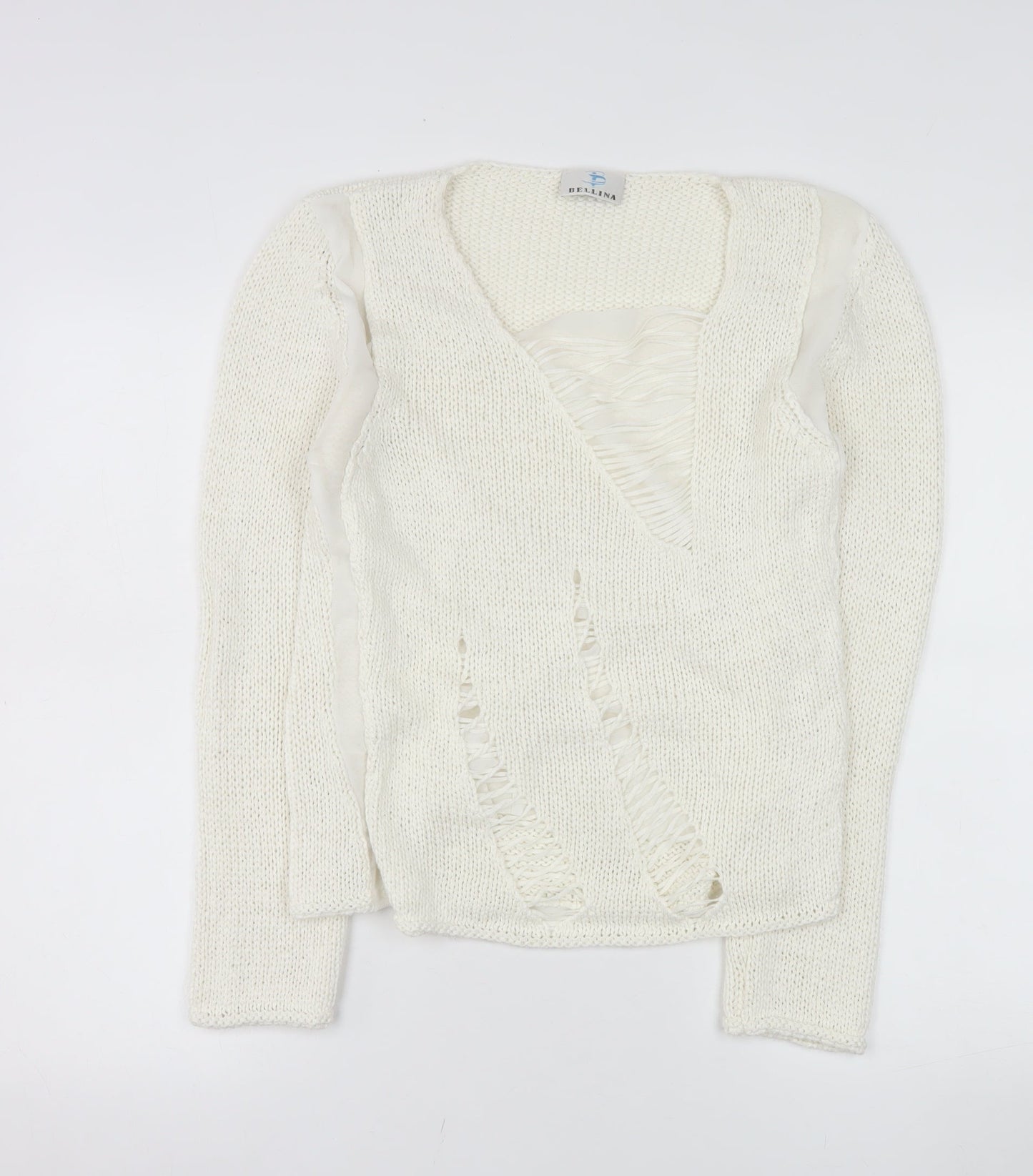 Bellina Women Ivory V-Neck Knit Pullover Jumper Size L