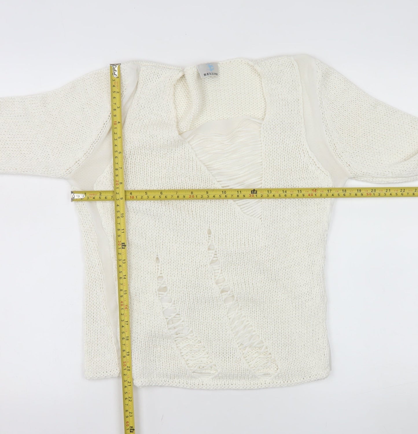 Bellina Women Ivory V-Neck Knit Pullover Jumper Size L