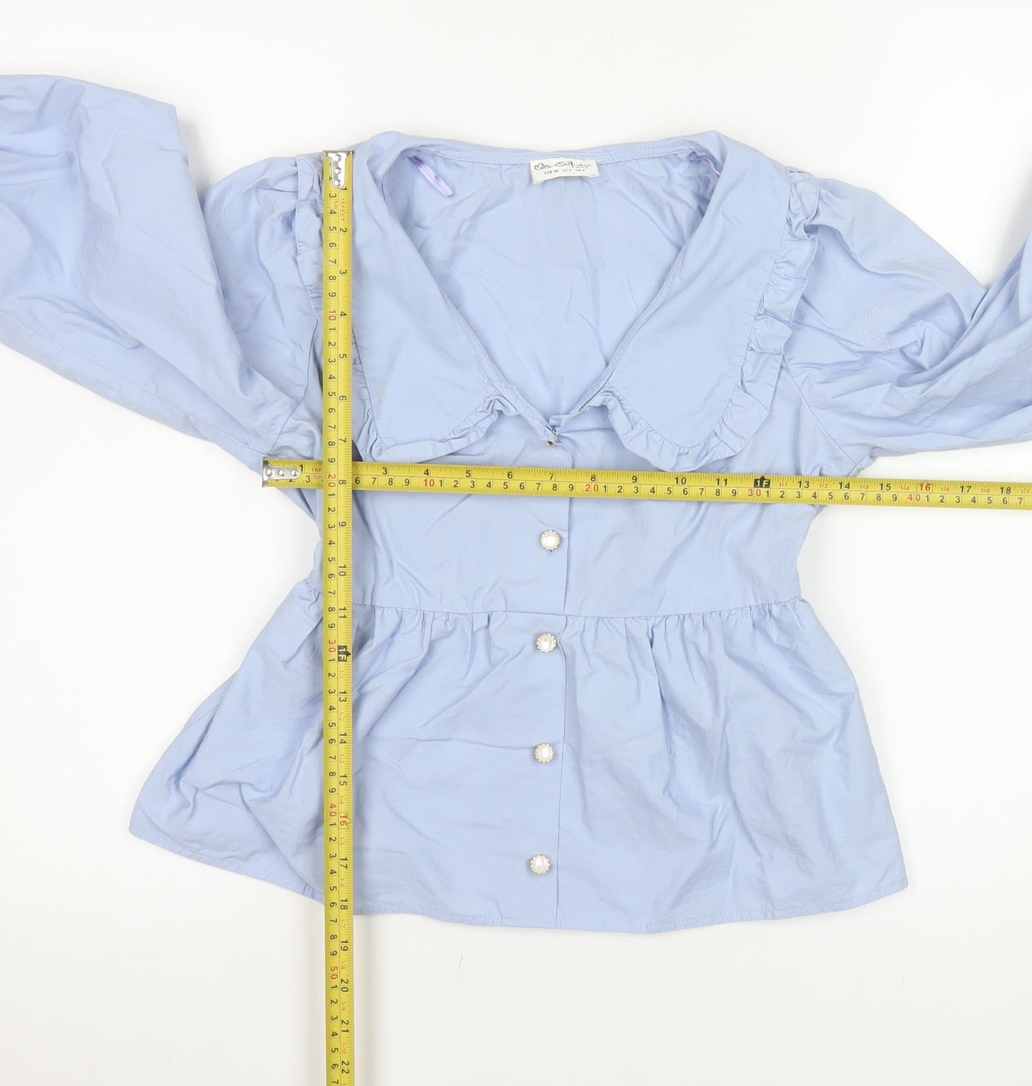 Miss Selfridge Women Blue Ruffle Collar Cotton Blouse Size 6