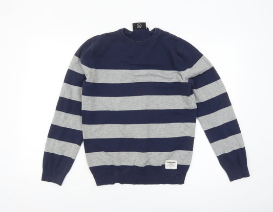 McKenzie Men's Blue Grey Striped Cotton Crew Neck Jumper M